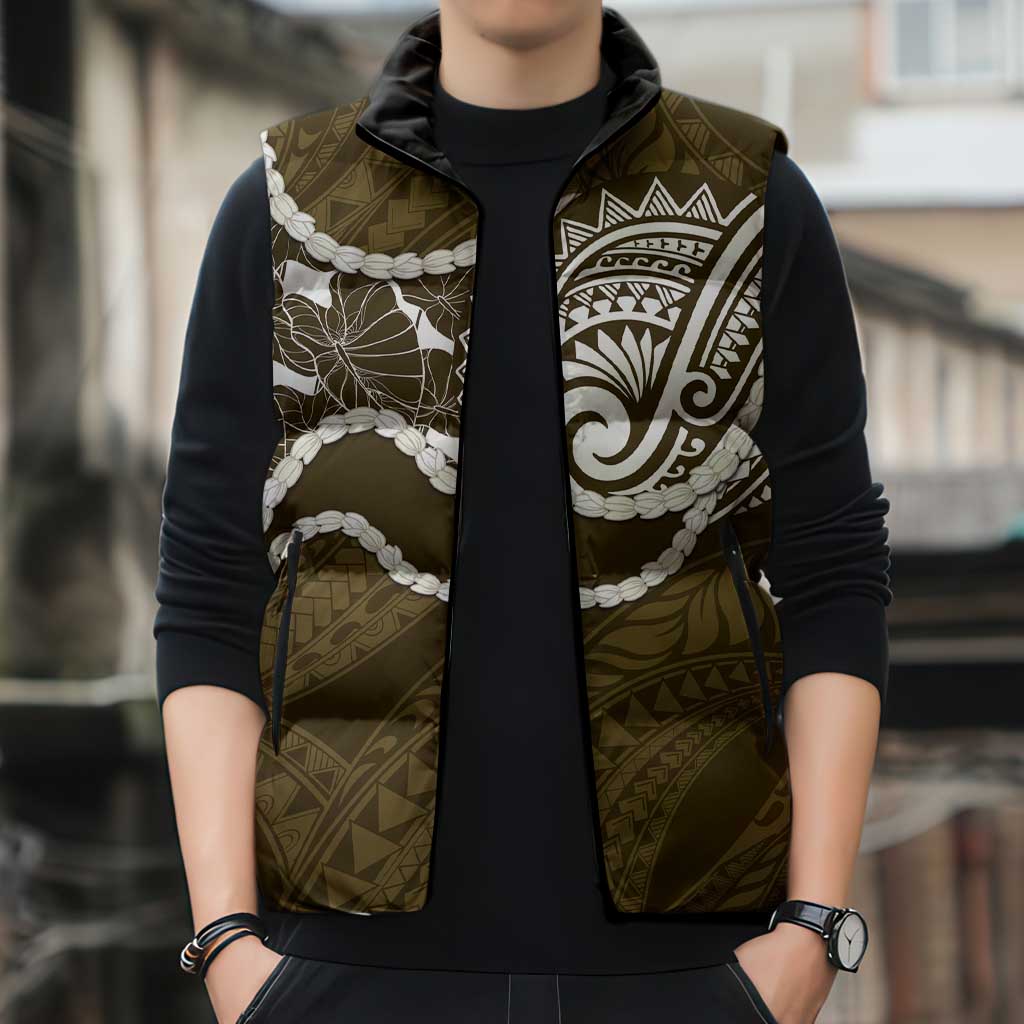 Aloha Hawaii Kalo Pikake Lei Sleeveless Puffer Jacket Chest Tattoo Gold Hawaiian Pattern LT14 - Polynesian Pride