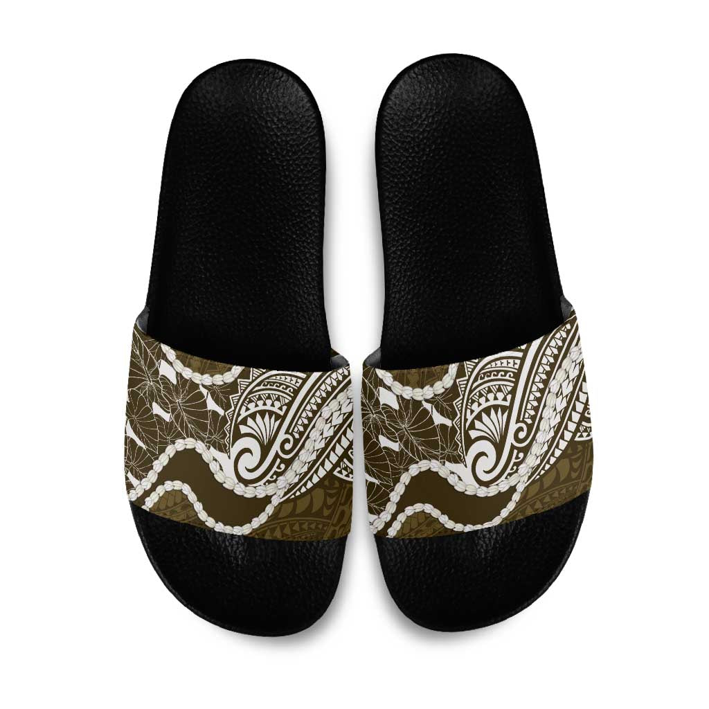 Aloha Hawaii Kalo Pikake Lei Slide Sandals Chest Tattoo Gold Hawaiian Pattern LT14 Gold - Polynesian Pride