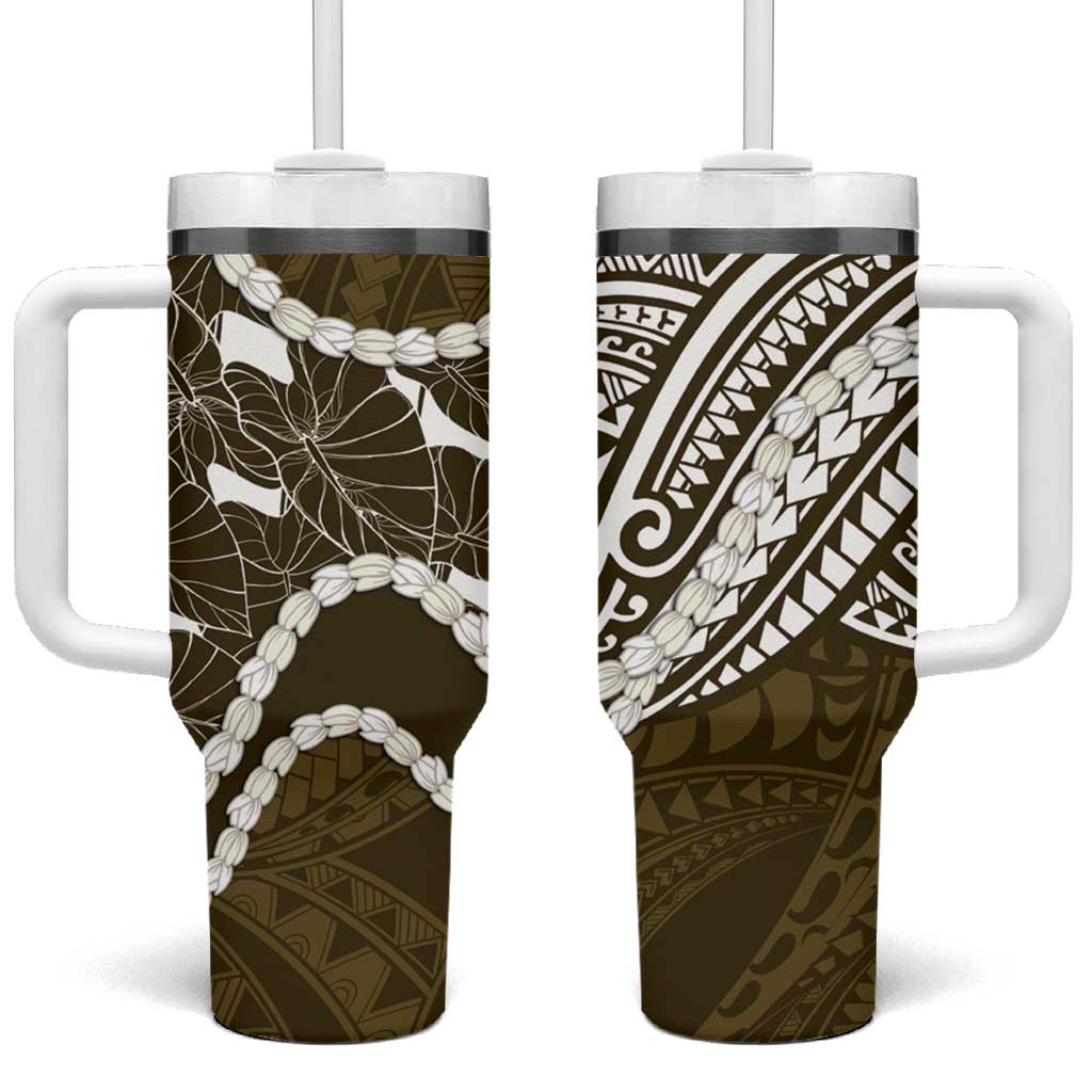Aloha Hawaii Kalo Pikake Lei Tumbler With Handle Chest Tattoo Gold Hawaiian Pattern LT14 One Size: 40 oz Gold - Polynesian Pride