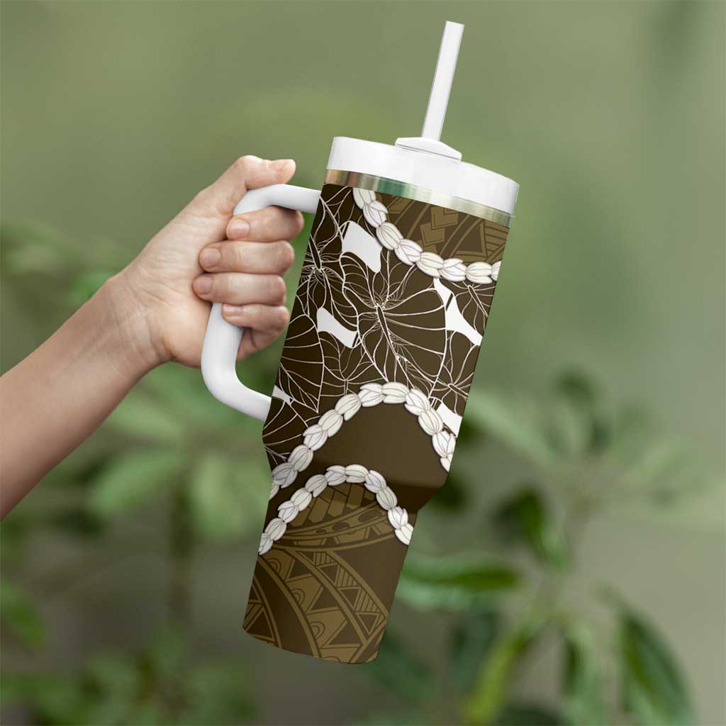 Aloha Hawaii Kalo Pikake Lei Tumbler With Handle Chest Tattoo Gold Hawaiian Pattern LT14 - Polynesian Pride