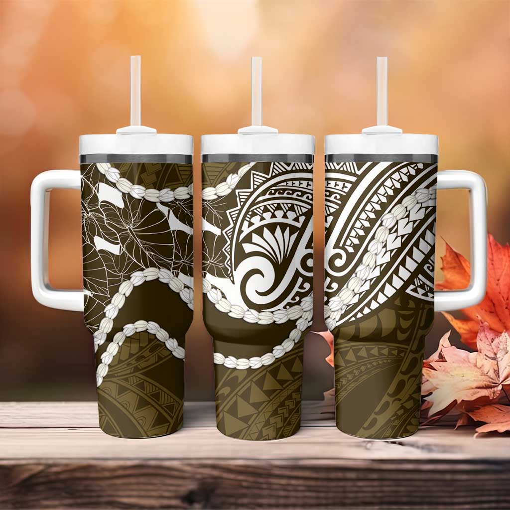Aloha Hawaii Kalo Pikake Lei Tumbler With Handle Chest Tattoo Gold Hawaiian Pattern LT14 - Polynesian Pride