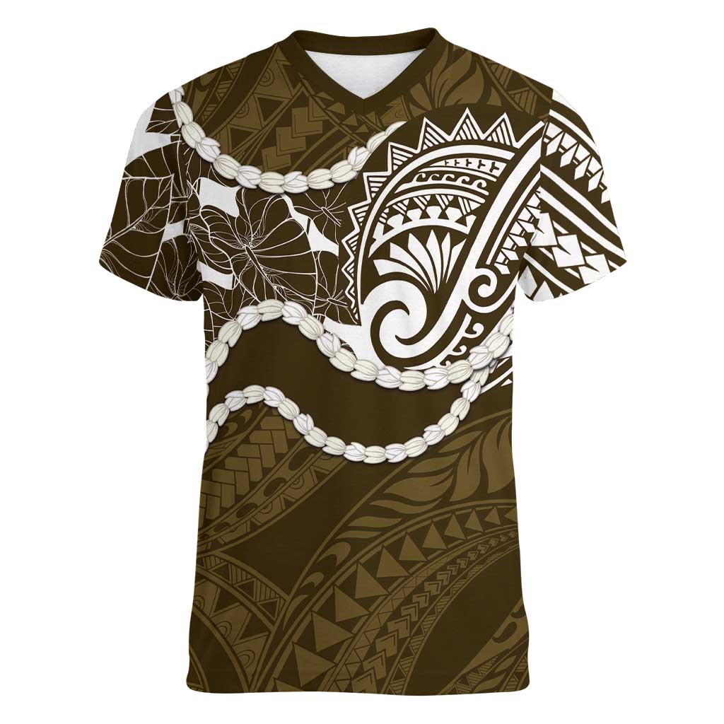 Aloha Hawaii Kalo Pikake Lei Women V-Neck T-Shirt Chest Tattoo Gold Hawaiian Pattern LT14 Female Gold - Polynesian Pride