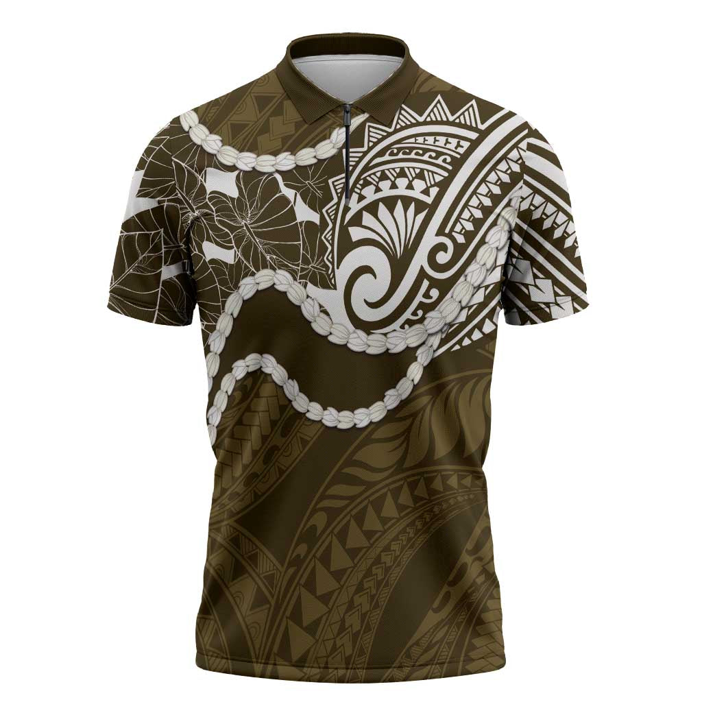 Aloha Hawaii Kalo Pikake Lei Zipper Polo Shirt Chest Tattoo Gold Hawaiian Pattern