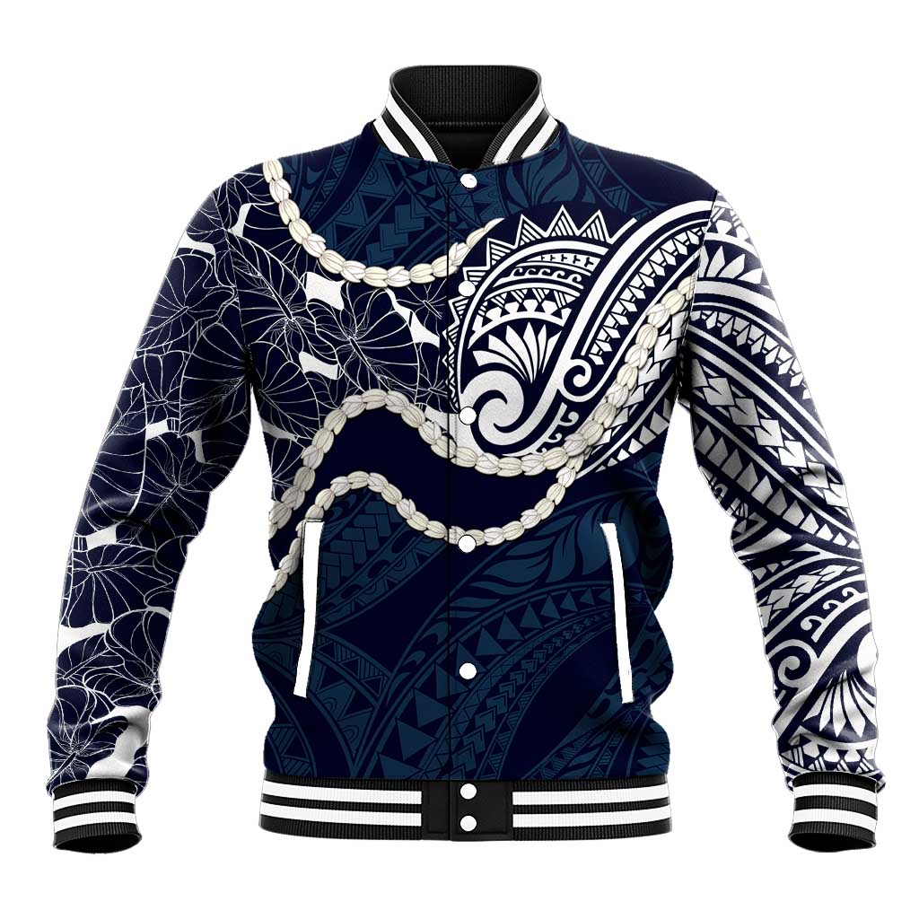 Aloha Hawaii Kalo Pikake Lei Baseball Jacket Chest Tattoo Oxford Blue Hawaiian Pattern