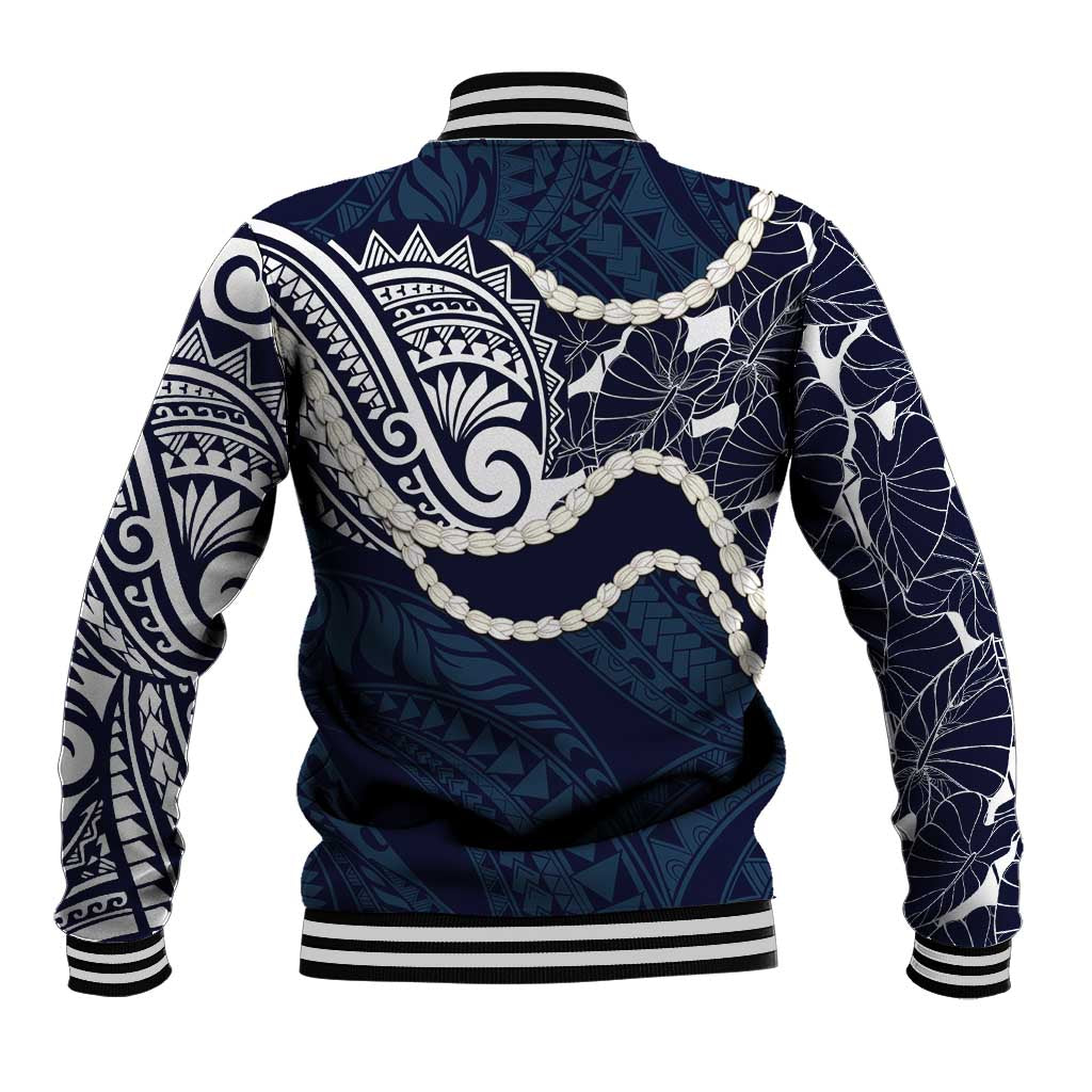 Aloha Hawaii Kalo Pikake Lei Baseball Jacket Chest Tattoo Oxford Blue Hawaiian Pattern