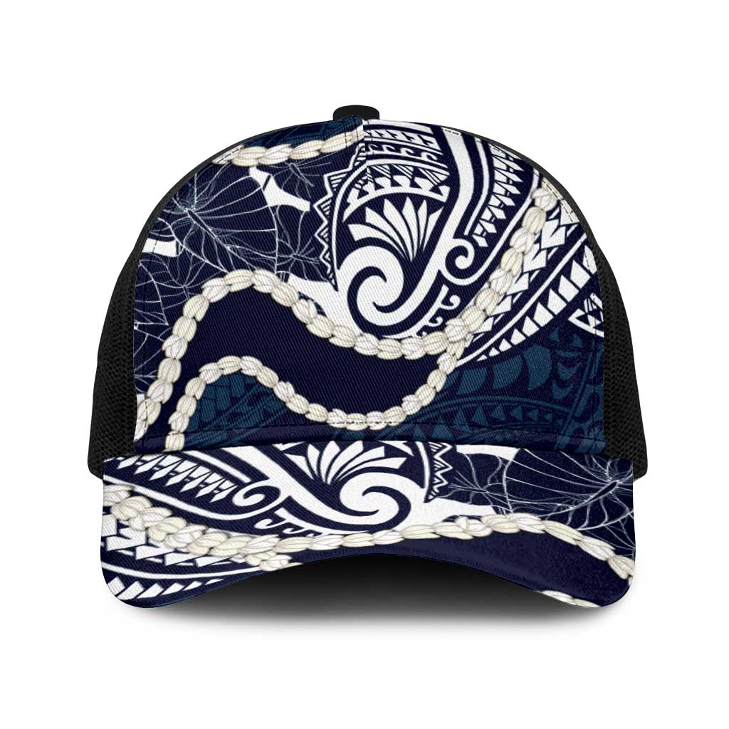 Aloha Hawaii Kalo Pikake Lei Baseball Net Cap Chest Tattoo Oxford Blue Hawaiian Pattern LT14 One Size Black Oxford Blue - Polynesian Pride