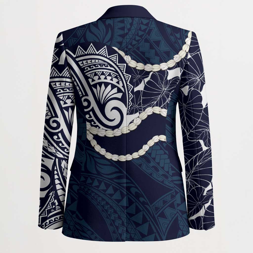 Aloha Hawaii Kalo Pikake Lei Blazer Chest Tattoo Oxford Blue Hawaiian Pattern LT14 - Polynesian Pride