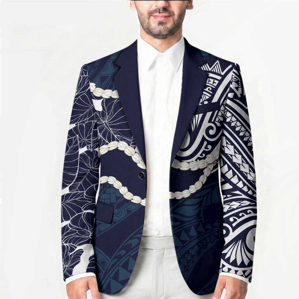 Aloha Hawaii Kalo Pikake Lei Blazer Chest Tattoo Oxford Blue Hawaiian Pattern LT14 - Polynesian Pride