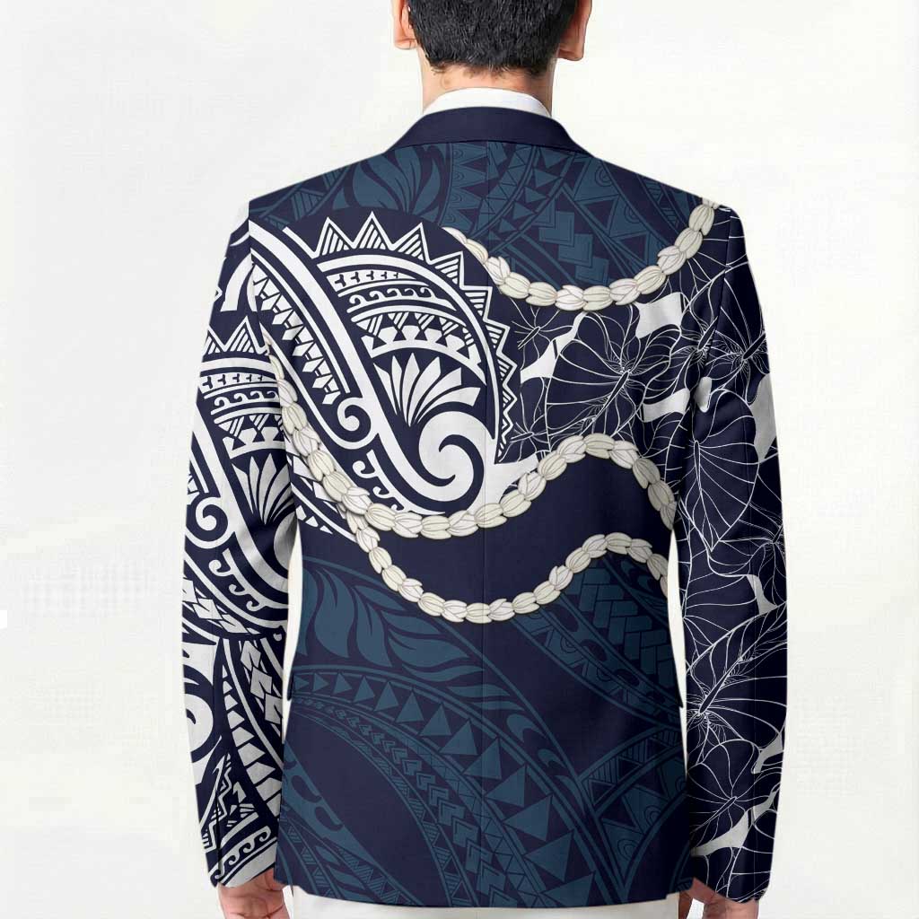 Aloha Hawaii Kalo Pikake Lei Blazer Chest Tattoo Oxford Blue Hawaiian Pattern LT14 - Polynesian Pride