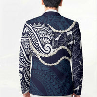 Aloha Hawaii Kalo Pikake Lei Blazer Chest Tattoo Oxford Blue Hawaiian Pattern LT14 - Polynesian Pride