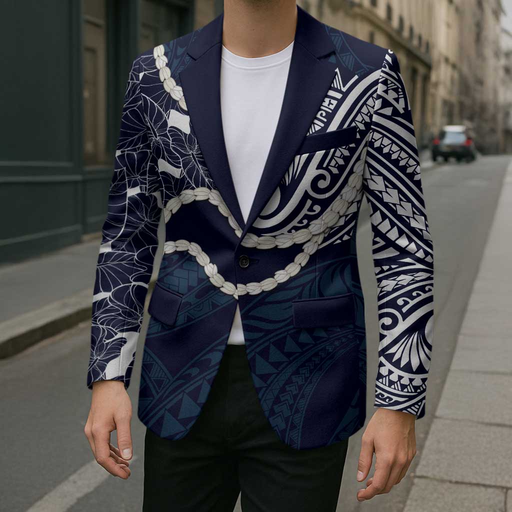 Aloha Hawaii Kalo Pikake Lei Blazer Chest Tattoo Oxford Blue Hawaiian Pattern LT14 - Polynesian Pride