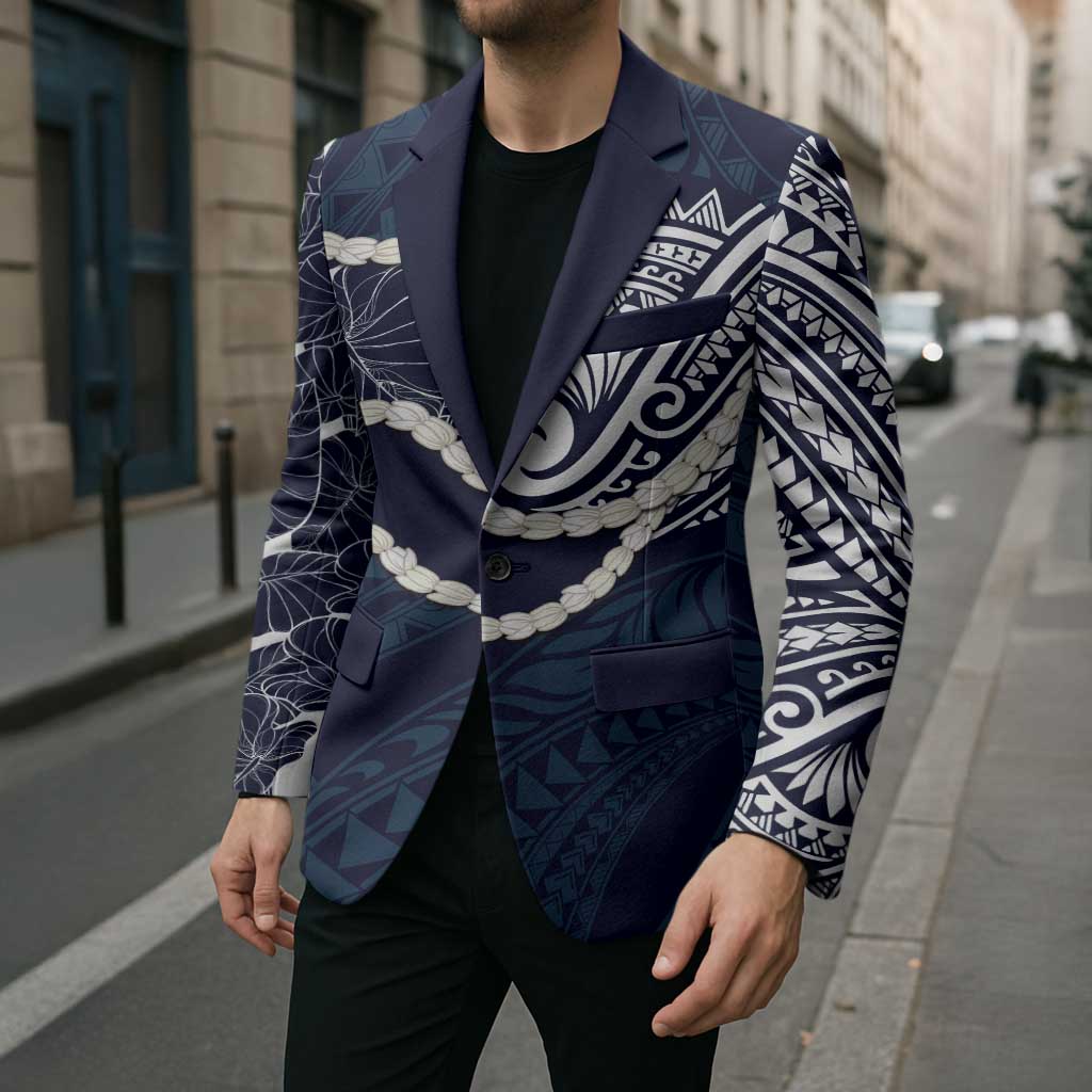Aloha Hawaii Kalo Pikake Lei Blazer Chest Tattoo Oxford Blue Hawaiian Pattern LT14 - Polynesian Pride