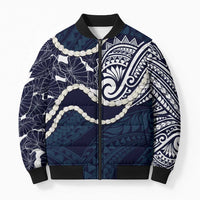 Aloha Hawaii Kalo Pikake Lei Bomber Puffer Jacket Chest Tattoo Oxford Blue Hawaiian Pattern LT14 Unisex Oxford Blue - Polynesian Pride