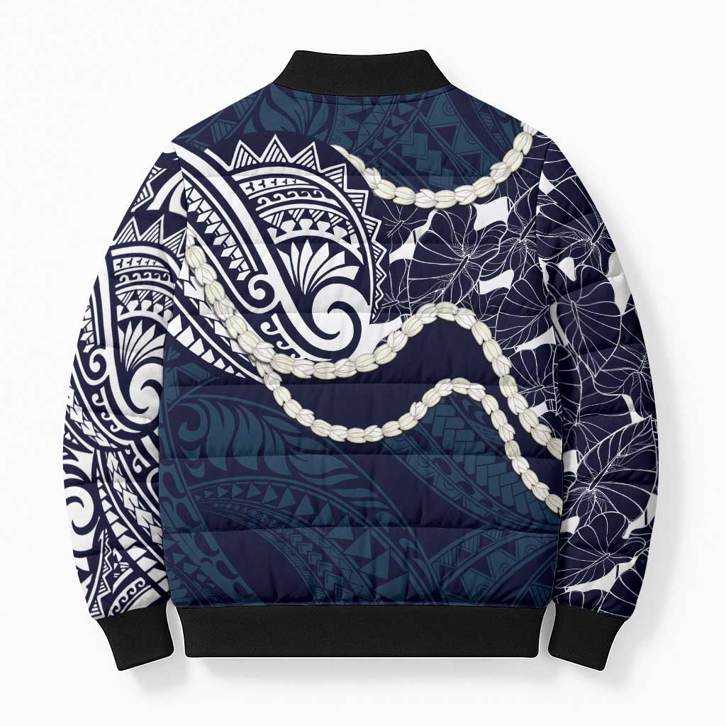 Aloha Hawaii Kalo Pikake Lei Bomber Puffer Jacket Chest Tattoo Oxford Blue Hawaiian Pattern LT14 - Polynesian Pride