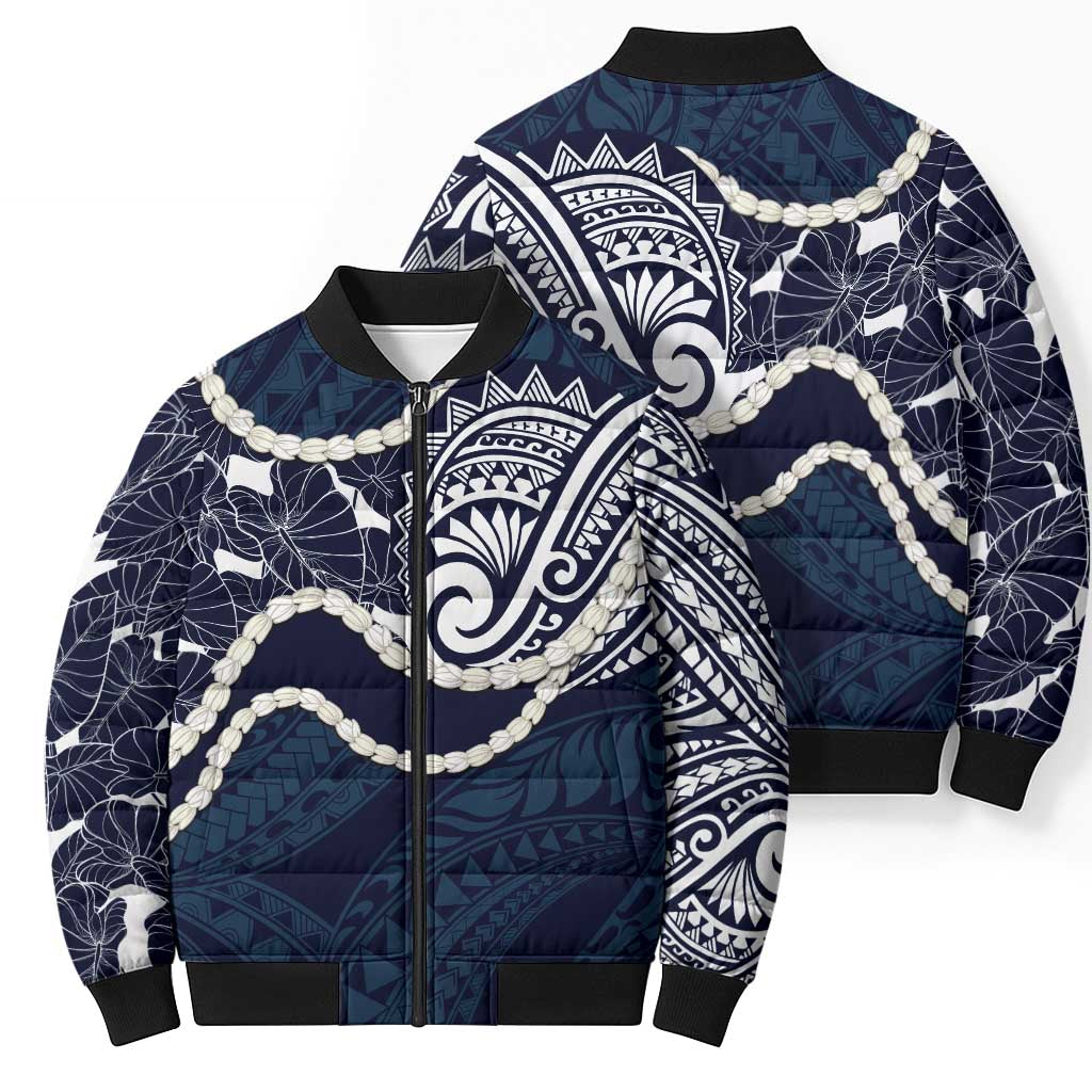 Aloha Hawaii Kalo Pikake Lei Bomber Puffer Jacket Chest Tattoo Oxford Blue Hawaiian Pattern LT14 - Polynesian Pride
