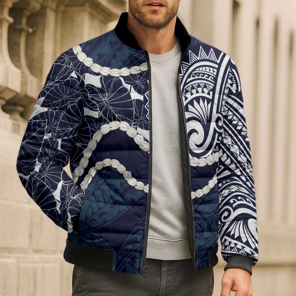 Aloha Hawaii Kalo Pikake Lei Bomber Puffer Jacket Chest Tattoo Oxford Blue Hawaiian Pattern LT14 - Polynesian Pride
