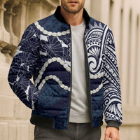 Aloha Hawaii Kalo Pikake Lei Bomber Puffer Jacket Chest Tattoo Oxford Blue Hawaiian Pattern LT14 - Polynesian Pride
