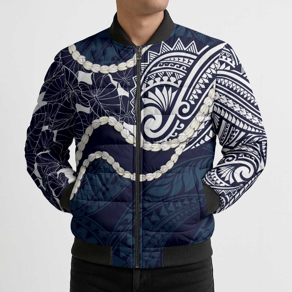 Aloha Hawaii Kalo Pikake Lei Bomber Puffer Jacket Chest Tattoo Oxford Blue Hawaiian Pattern LT14 - Polynesian Pride