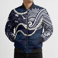 Aloha Hawaii Kalo Pikake Lei Bomber Puffer Jacket Chest Tattoo Oxford Blue Hawaiian Pattern LT14 - Polynesian Pride