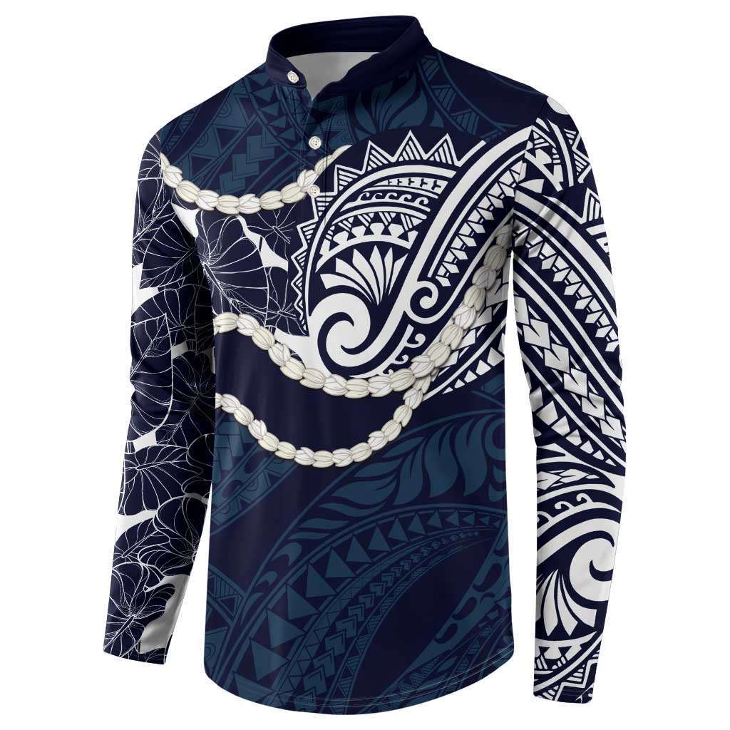 Aloha Hawaii Kalo Pikake Lei Button Sweatshirt Chest Tattoo Oxford Blue Hawaiian Pattern LT14 - Polynesian Pride