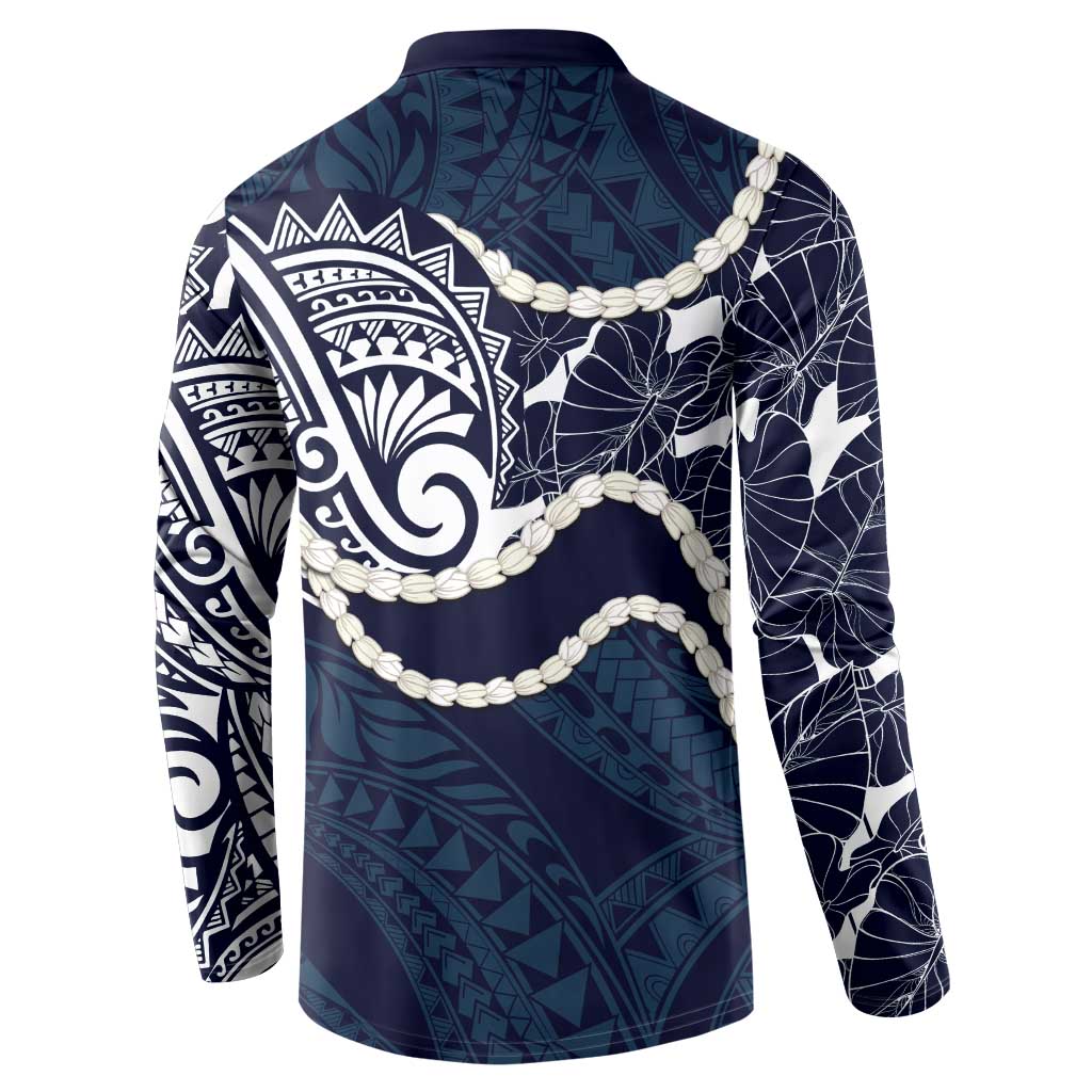 Aloha Hawaii Kalo Pikake Lei Button Sweatshirt Chest Tattoo Oxford Blue Hawaiian Pattern LT14 - Polynesian Pride