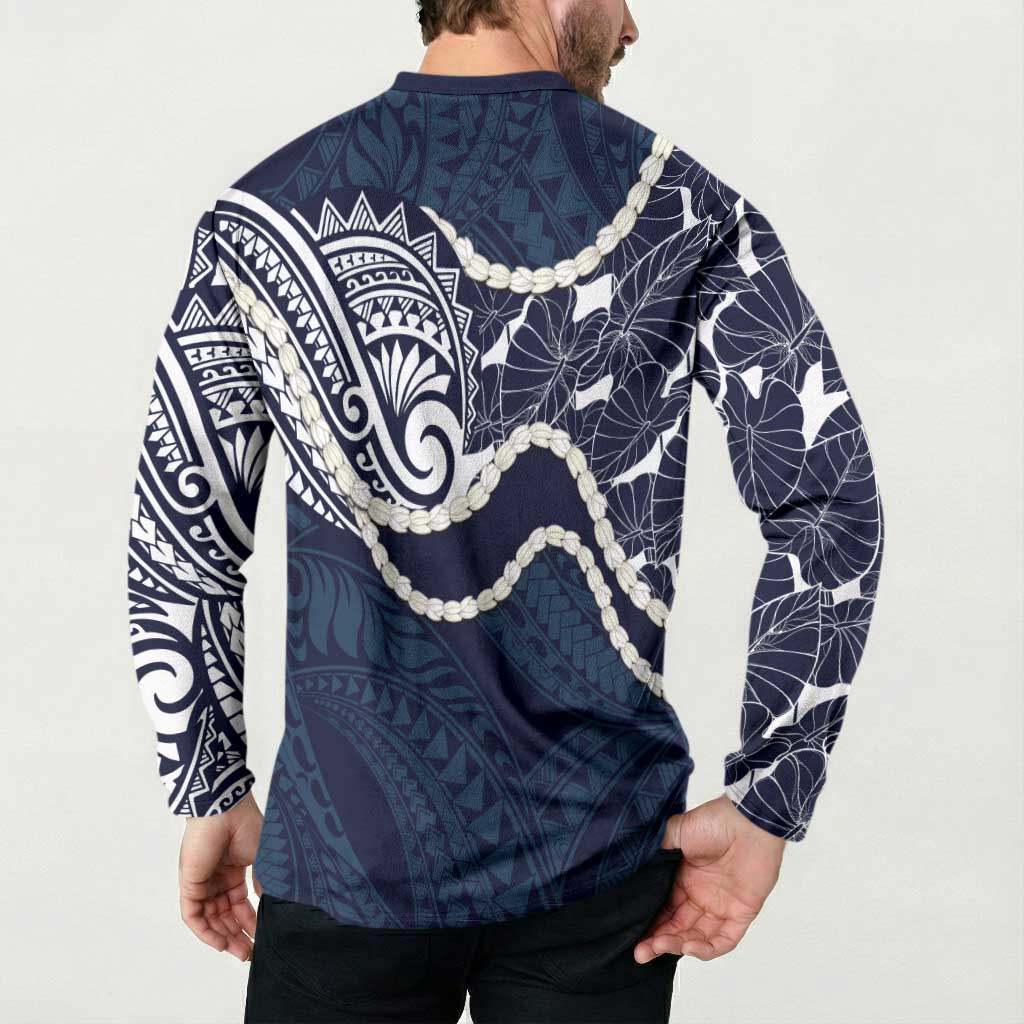 Aloha Hawaii Kalo Pikake Lei Button Sweatshirt Chest Tattoo Oxford Blue Hawaiian Pattern LT14 - Polynesian Pride