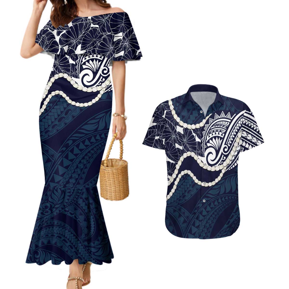 Aloha Hawaii Kalo Pikake Lei Couples Matching Mermaid Dress and Hawaiian Shirt Chest Tattoo Oxford Blue Hawaiian Pattern