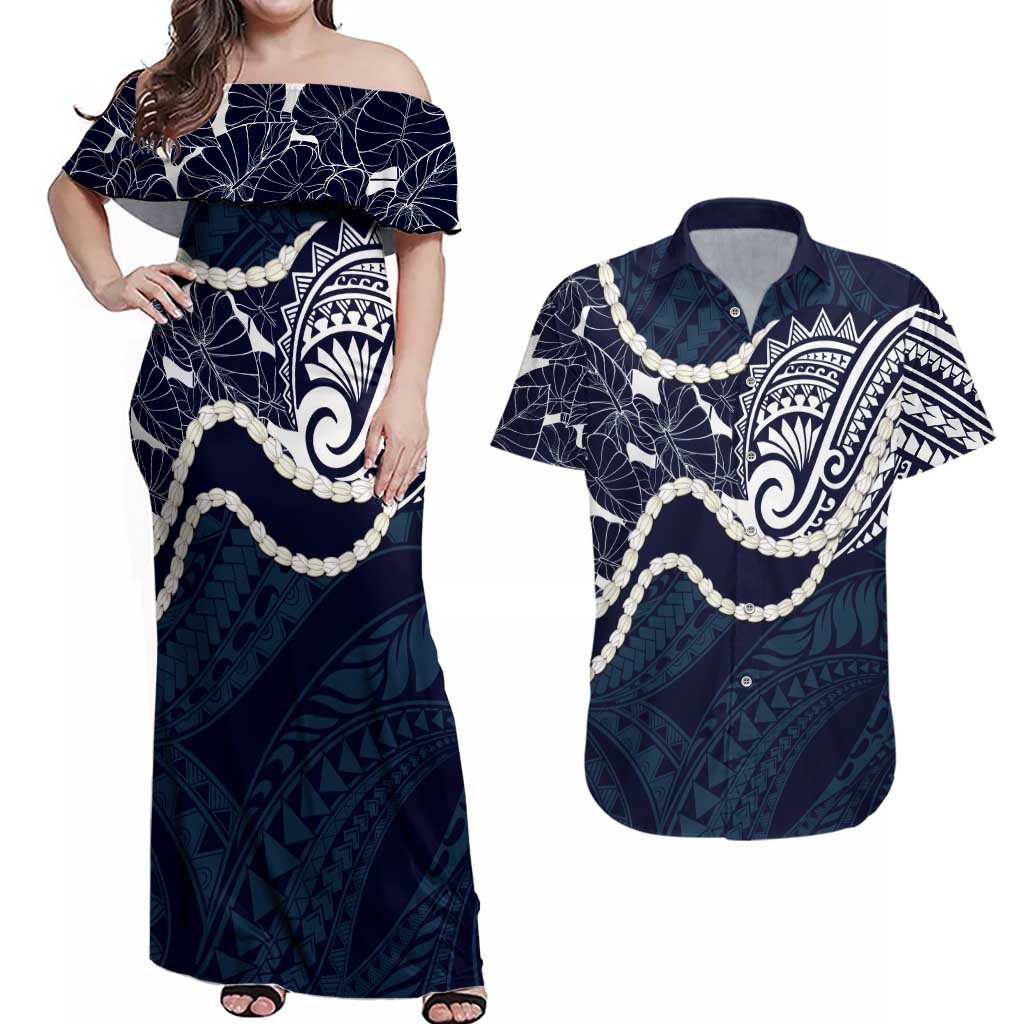 Aloha Hawaii Kalo Pikake Lei Couples Matching Off Shoulder Maxi Dress and Hawaiian Shirt Chest Tattoo Oxford Blue Hawaiian Pattern LT14 Oxford Blue - Polynesian Pride
