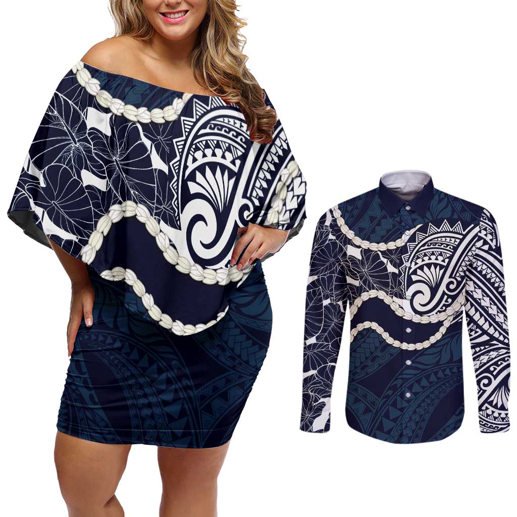 Aloha Hawaii Kalo Pikake Lei Couples Matching Off Shoulder Short Dress and Long Sleeve Button Shirt Chest Tattoo Oxford Blue Hawaiian Pattern LT14 Oxford Blue - Polynesian Pride