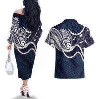 Aloha Hawaii Kalo Pikake Lei Couples Matching Off The Shoulder Long Sleeve Dress and Hawaiian Shirt Chest Tattoo Oxford Blue Hawaiian Pattern