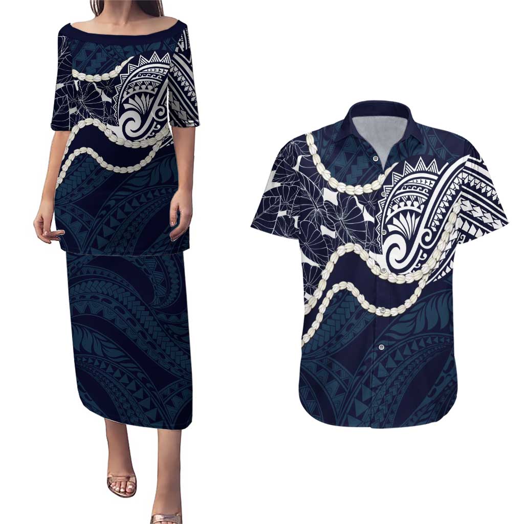 Aloha Hawaii Kalo Pikake Lei Couples Matching Puletasi and Hawaiian Shirt Chest Tattoo Oxford Blue Hawaiian Pattern LT14 Oxford Blue - Polynesian Pride