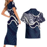 Aloha Hawaii Kalo Pikake Lei Couples Matching Short Sleeve Bodycon Dress and Hawaiian Shirt Chest Tattoo Oxford Blue Hawaiian Pattern