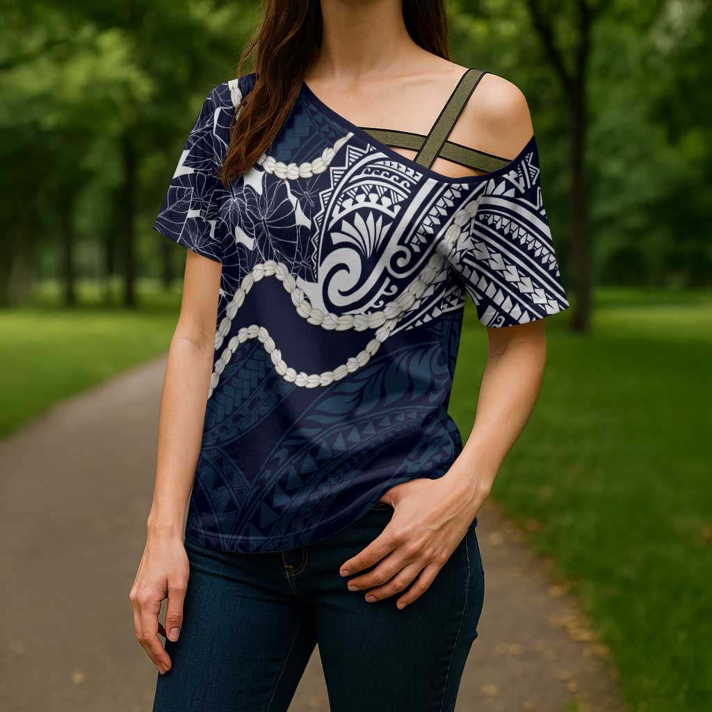 Aloha Hawaii Kalo Pikake Lei Cross Shoulder Shirt Chest Tattoo Oxford Blue Hawaiian Pattern