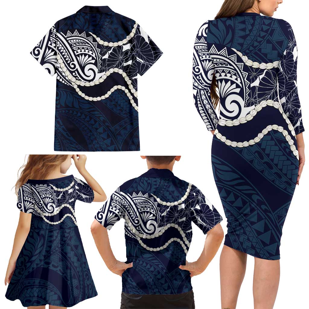 Aloha Hawaii Kalo Pikake Lei Family Matching Long Sleeve Bodycon Dress and Hawaiian Shirt Chest Tattoo Oxford Blue Hawaiian Pattern
