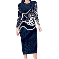 Aloha Hawaii Kalo Pikake Lei Family Matching Long Sleeve Bodycon Dress and Hawaiian Shirt Chest Tattoo Oxford Blue Hawaiian Pattern