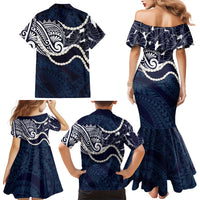 Aloha Hawaii Kalo Pikake Lei Family Matching Mermaid Dress and Hawaiian Shirt Chest Tattoo Oxford Blue Hawaiian Pattern