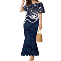 Aloha Hawaii Kalo Pikake Lei Family Matching Mermaid Dress and Hawaiian Shirt Chest Tattoo Oxford Blue Hawaiian Pattern