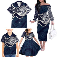 Aloha Hawaii Kalo Pikake Lei Family Matching Off The Shoulder Long Sleeve Dress and Hawaiian Shirt Chest Tattoo Oxford Blue Hawaiian Pattern