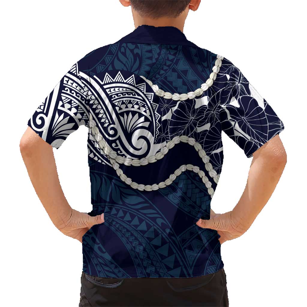 Aloha Hawaii Kalo Pikake Lei Family Matching Off Shoulder Maxi Dress and Hawaiian Shirt Chest Tattoo Oxford Blue Hawaiian Pattern
