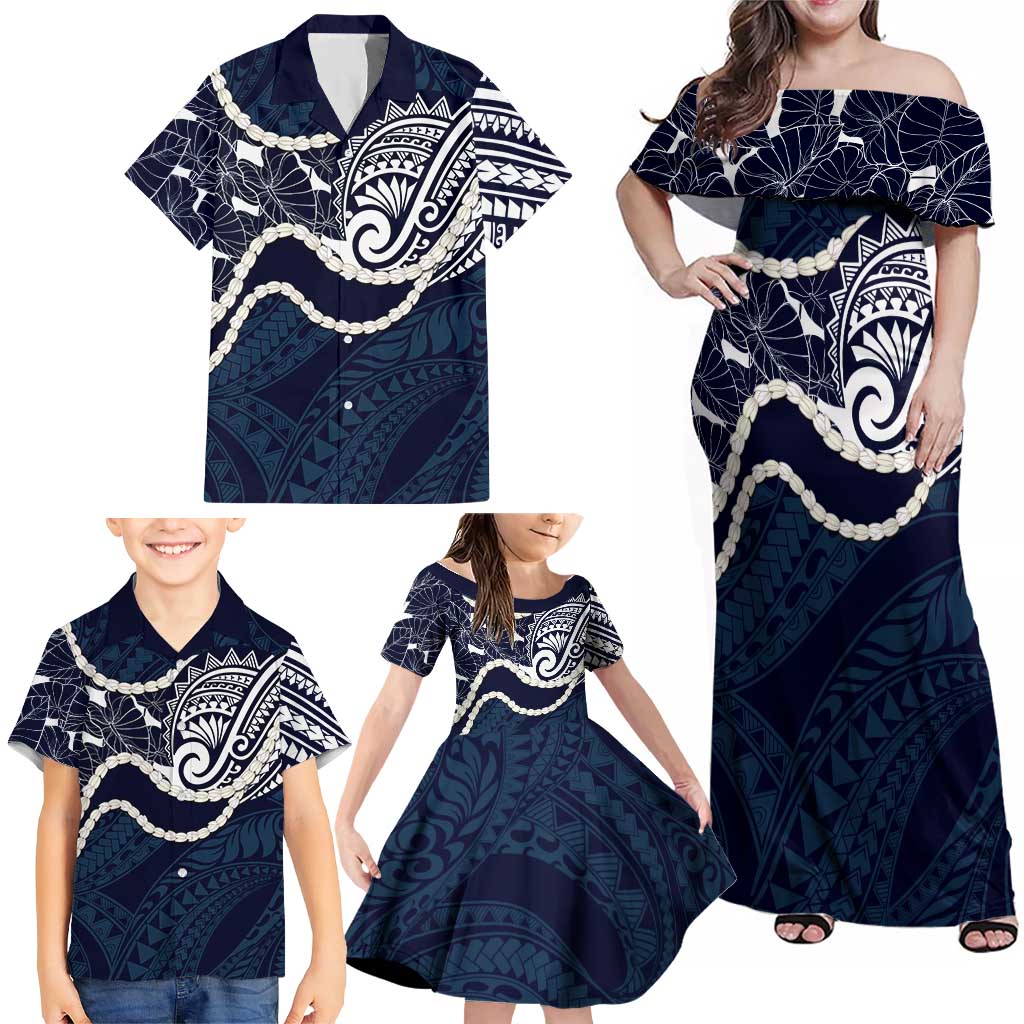 Aloha Hawaii Kalo Pikake Lei Family Matching Off Shoulder Maxi Dress and Hawaiian Shirt Chest Tattoo Oxford Blue Hawaiian Pattern LT14 - Polynesian Pride