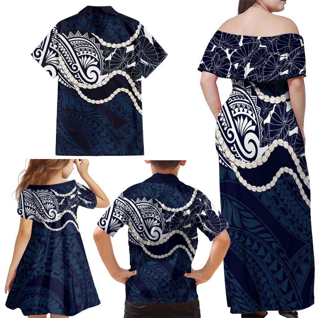 Aloha Hawaii Kalo Pikake Lei Family Matching Off Shoulder Maxi Dress and Hawaiian Shirt Chest Tattoo Oxford Blue Hawaiian Pattern
