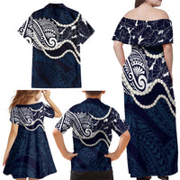 Aloha Hawaii Kalo Pikake Lei Family Matching Off Shoulder Maxi Dress and Hawaiian Shirt Chest Tattoo Oxford Blue Hawaiian Pattern