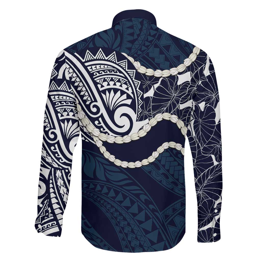 Aloha Hawaii Kalo Pikake Lei Family Matching Off Shoulder Maxi Dress and Hawaiian Shirt Chest Tattoo Oxford Blue Hawaiian Pattern
