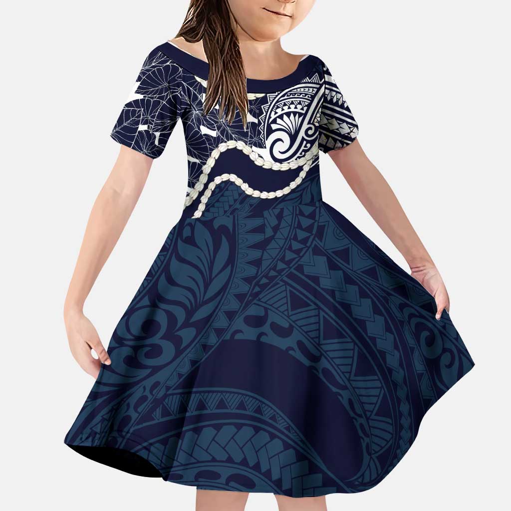Aloha Hawaii Kalo Pikake Lei Family Matching Off Shoulder Short Dress and Hawaiian Shirt Chest Tattoo Oxford Blue Hawaiian Pattern