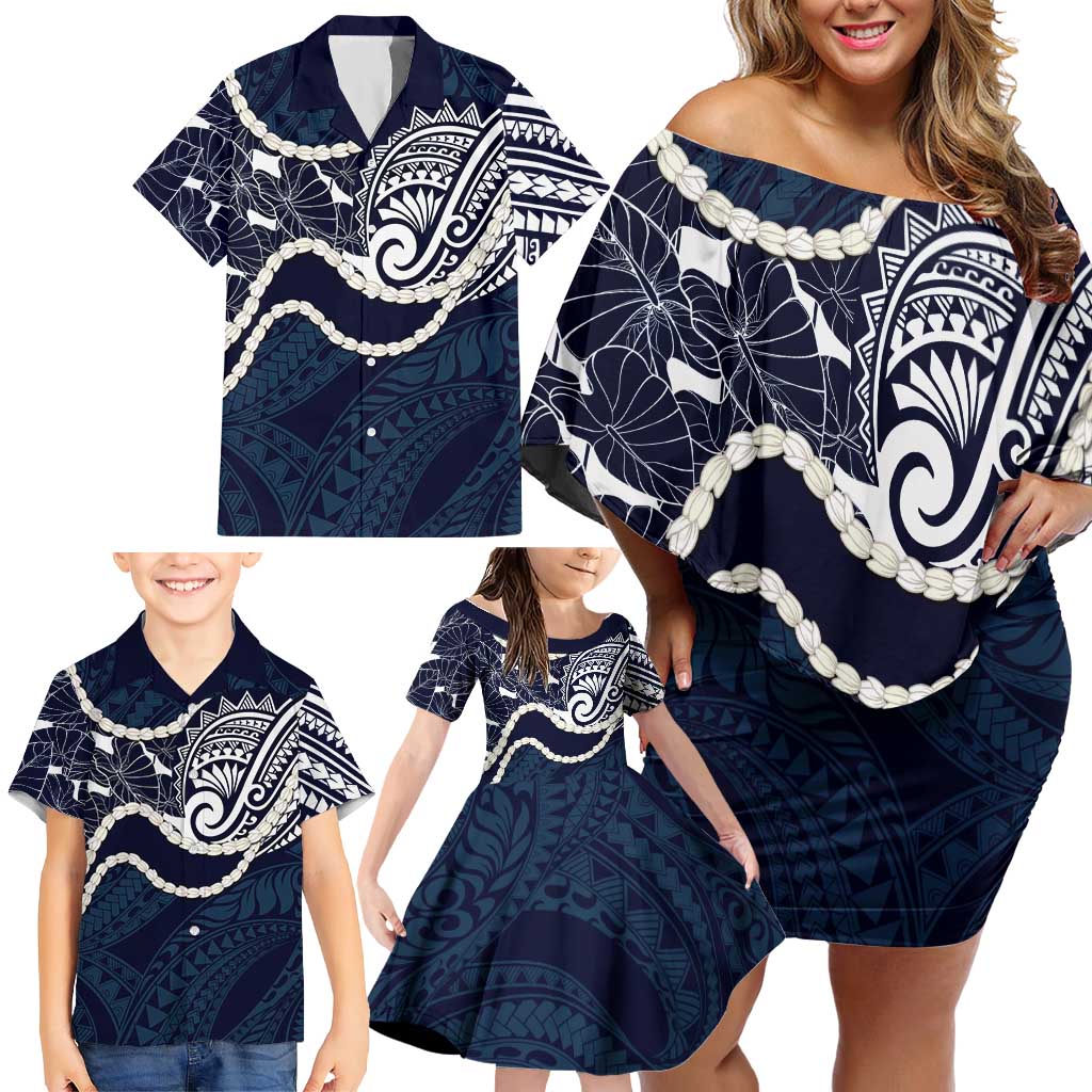 Aloha Hawaii Kalo Pikake Lei Family Matching Off Shoulder Short Dress and Hawaiian Shirt Chest Tattoo Oxford Blue Hawaiian Pattern