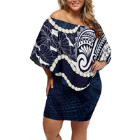 Aloha Hawaii Kalo Pikake Lei Family Matching Off Shoulder Short Dress and Hawaiian Shirt Chest Tattoo Oxford Blue Hawaiian Pattern