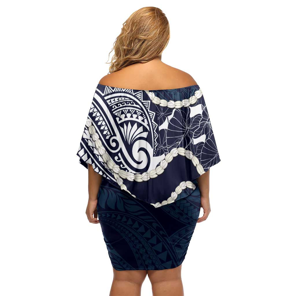 Aloha Hawaii Kalo Pikake Lei Family Matching Off Shoulder Short Dress and Hawaiian Shirt Chest Tattoo Oxford Blue Hawaiian Pattern