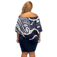 Aloha Hawaii Kalo Pikake Lei Family Matching Off Shoulder Short Dress and Hawaiian Shirt Chest Tattoo Oxford Blue Hawaiian Pattern