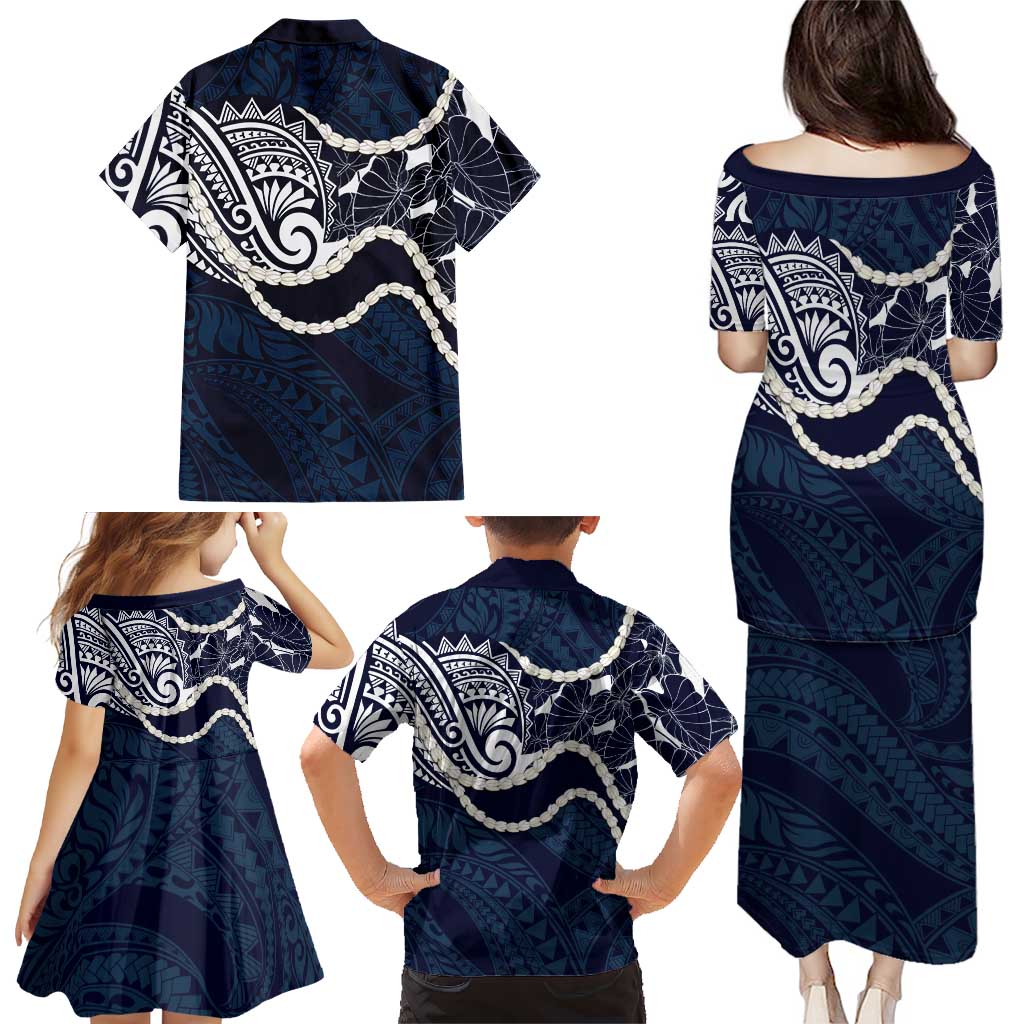 Aloha Hawaii Kalo Pikake Lei Family Matching Puletasi and Hawaiian Shirt Chest Tattoo Oxford Blue Hawaiian Pattern