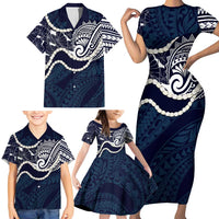 Aloha Hawaii Kalo Pikake Lei Family Matching Short Sleeve Bodycon Dress and Hawaiian Shirt Chest Tattoo Oxford Blue Hawaiian Pattern
